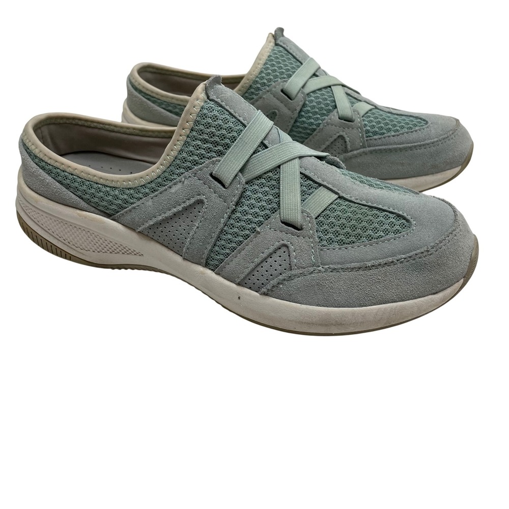 Easy Spirit Women 9M Sage Green Suede Mesh Slip On Walking Mule Sneakers Comfort